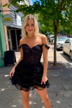 Sparkly Black Corset Ruffled Short Homecoming Dress With Lace Bmbride