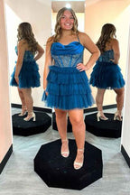Sparkly Peacock Blue Corset Ruffled Short Homecoming Dress Bmbride