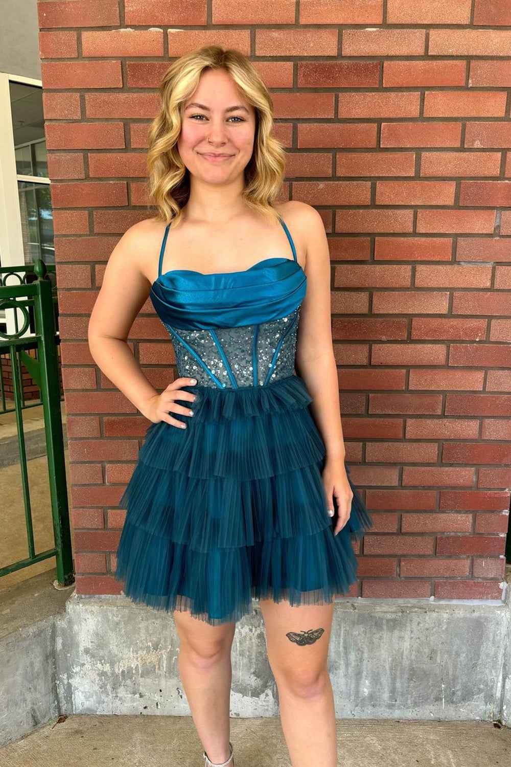 Sparkly Peacock Blue Corset Ruffled Short Homecoming Dress Bmbride