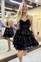 Sparkly Blue Corset Ruffled Sequins Short Homecoming Dress Bmbride