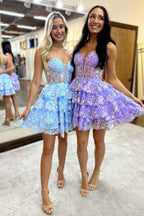 Sparkly Blue Corset Ruffled Sequins Short Homecoming Dress Bmbride