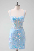 Sparkly Light Blue Sequins Corset Tight Short Homecoming Dress Bmbride