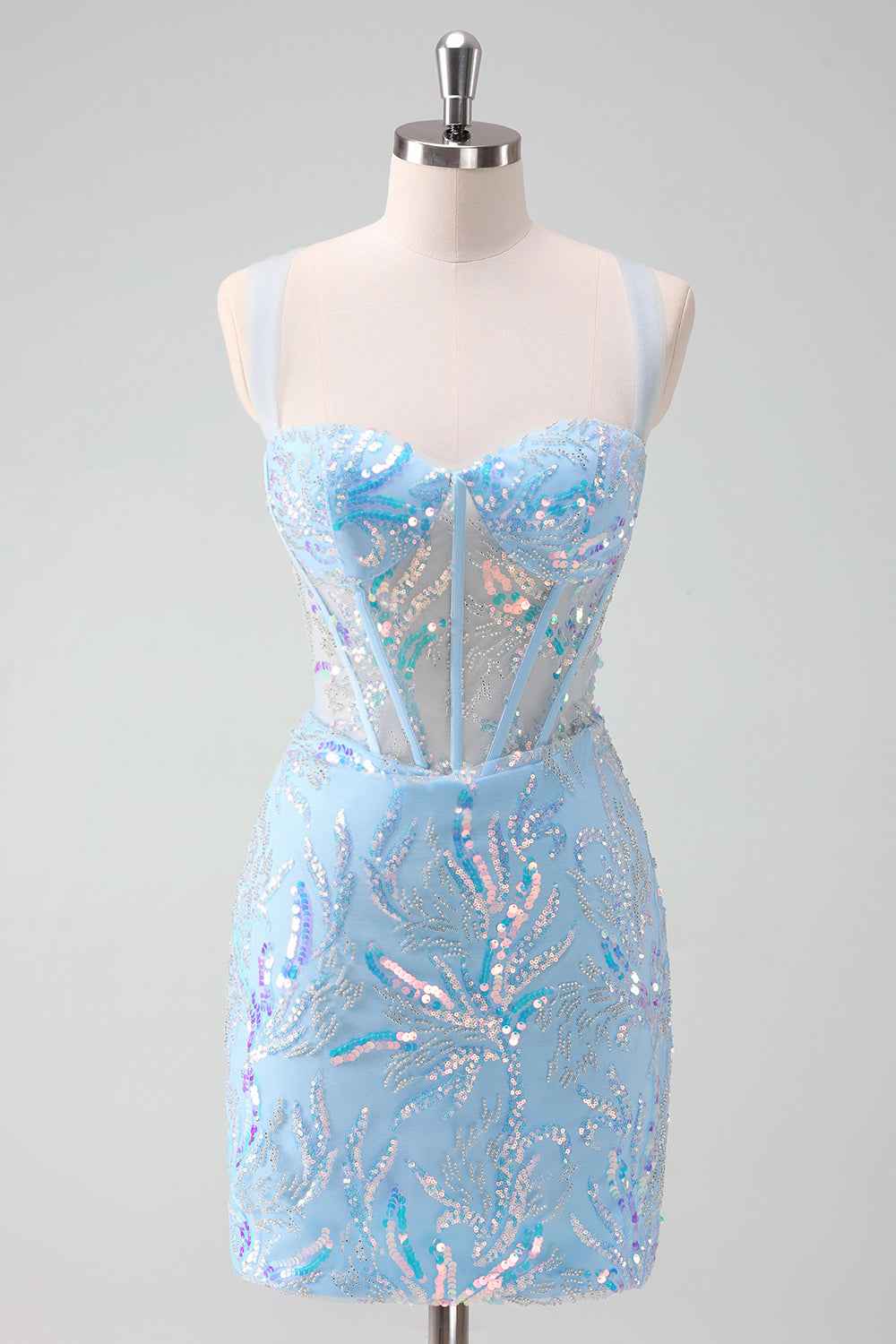 Sparkly Light Blue Sequins Corset Tight Short Homecoming Dress Bmbride