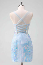 Sparkly Light Blue Sequins Corset Tight Short Homecoming Dress Bmbride