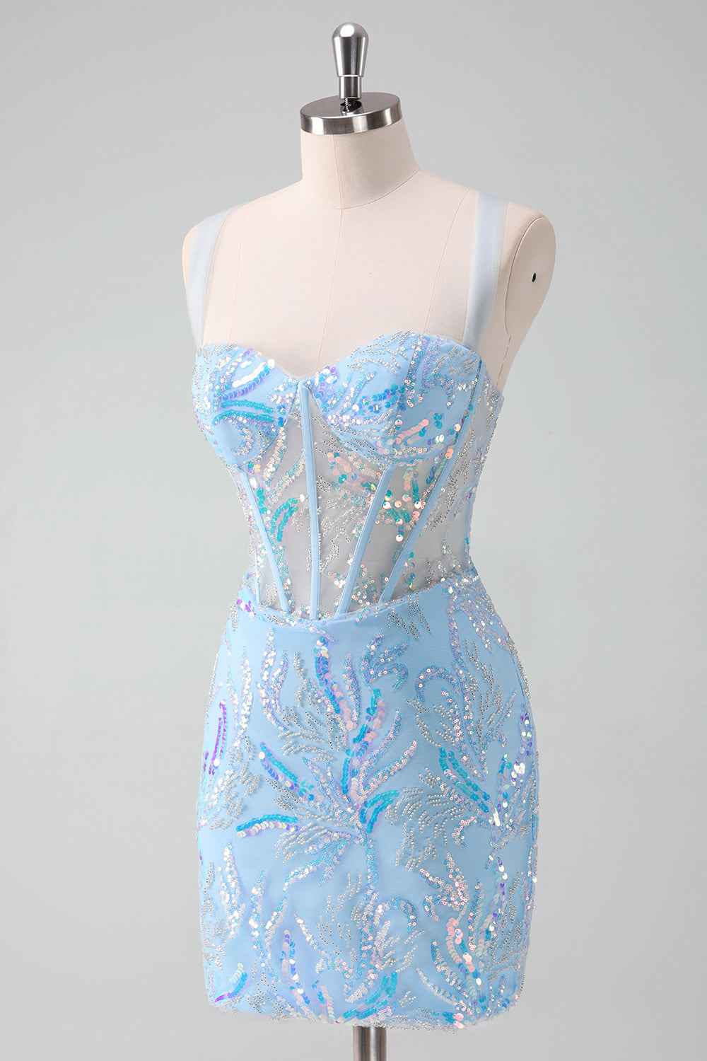 Sparkly Light Blue Sequins Corset Tight Short Homecoming Dress Bmbride