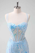 Sparkly Light Blue Sequins Corset Tight Short Homecoming Dress Bmbride
