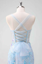 Sparkly Light Blue Sequins Corset Tight Short Homecoming Dress Bmbride