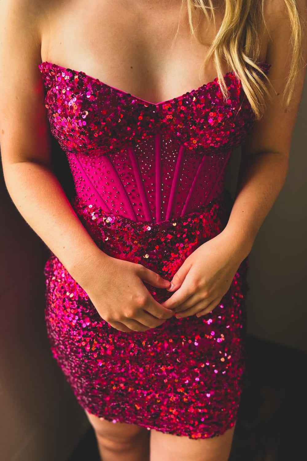 Sparkly Fuchsia Sweetheart Corset Tight Short Homecoming Dress Bmbride