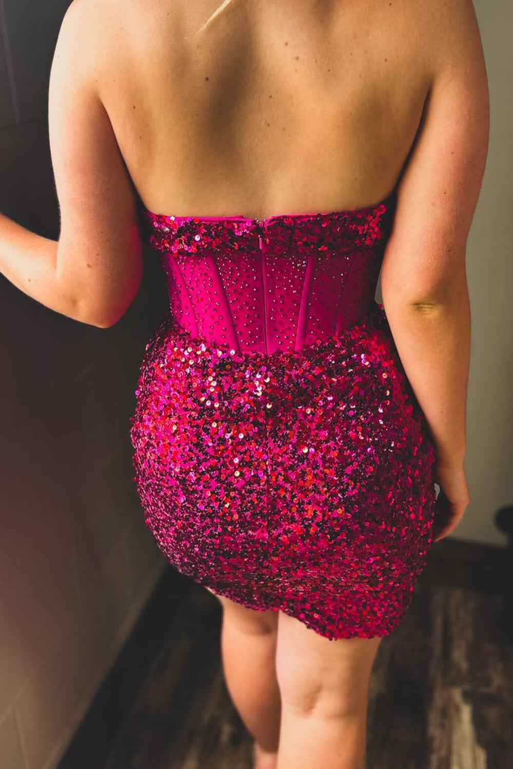 Sparkly Fuchsia Sweetheart Corset Tight Short Homecoming Dress Bmbride