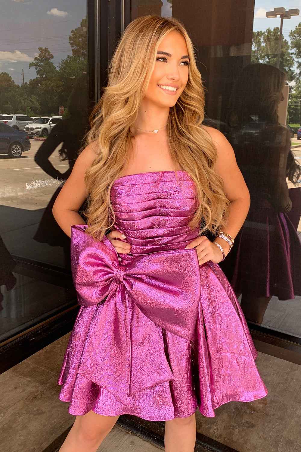Fuchsia A-Line Ruched Short Homecoming Dress with Bow