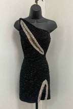 Sparkly Black Sequins One Shoulder Tight Short Homecoming Dress Bmbride