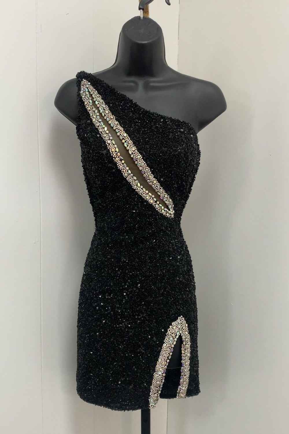 Sparkly Black Sequins One Shoulder Tight Short Homecoming Dress Bmbride