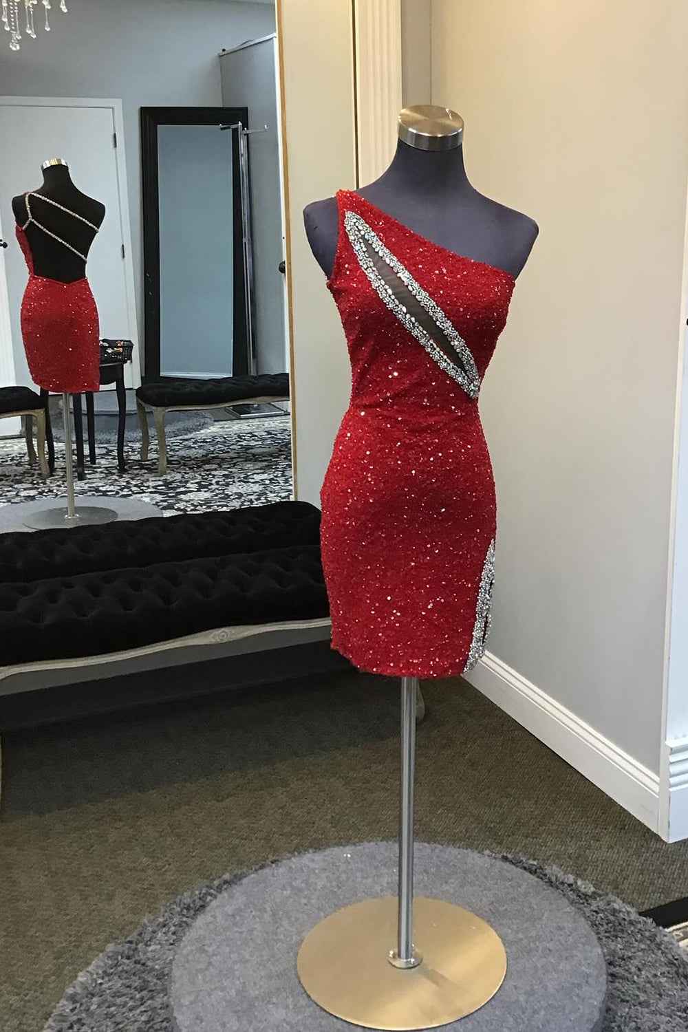 Sparkly Black Sequins One Shoulder Tight Short Homecoming Dress Bmbride