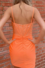 Sparkly Orange Corset Tight Short Homecoming Dress With Beadings Bmbride