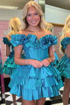 Blue Off The Shoulder Corset Short Homecoming Dress With Ruffles Bmbride