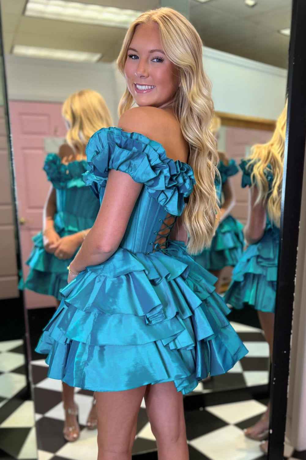 Blue Off The Shoulder Corset Short Homecoming Dress With Ruffles Bmbride