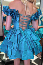 Blue Off The Shoulder Corset Short Homecoming Dress With Ruffles Bmbride