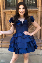 Blue Off The Shoulder Corset Short Homecoming Dress With Ruffles Bmbride