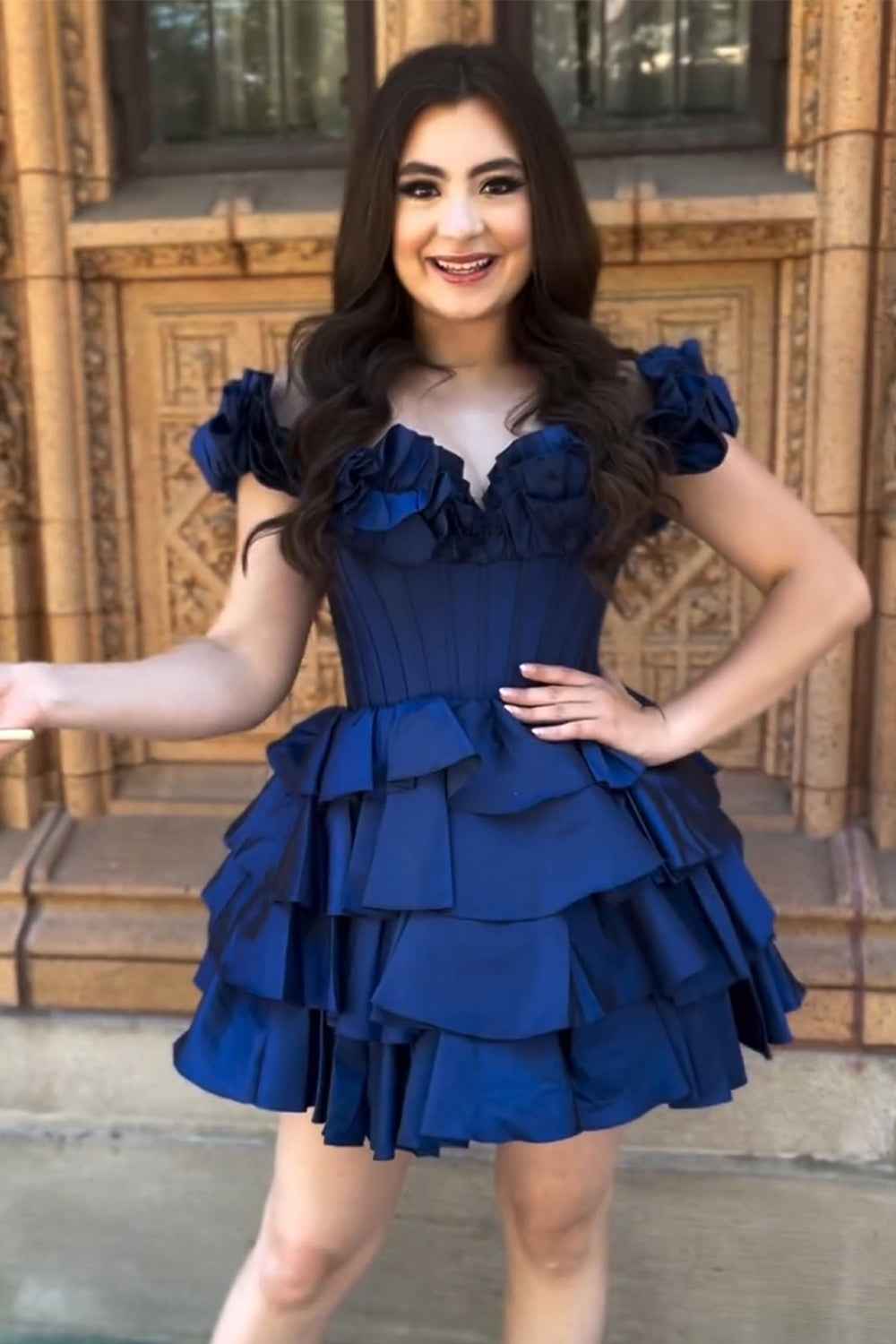 Blue Off The Shoulder Corset Short Homecoming Dress With Ruffles Bmbride