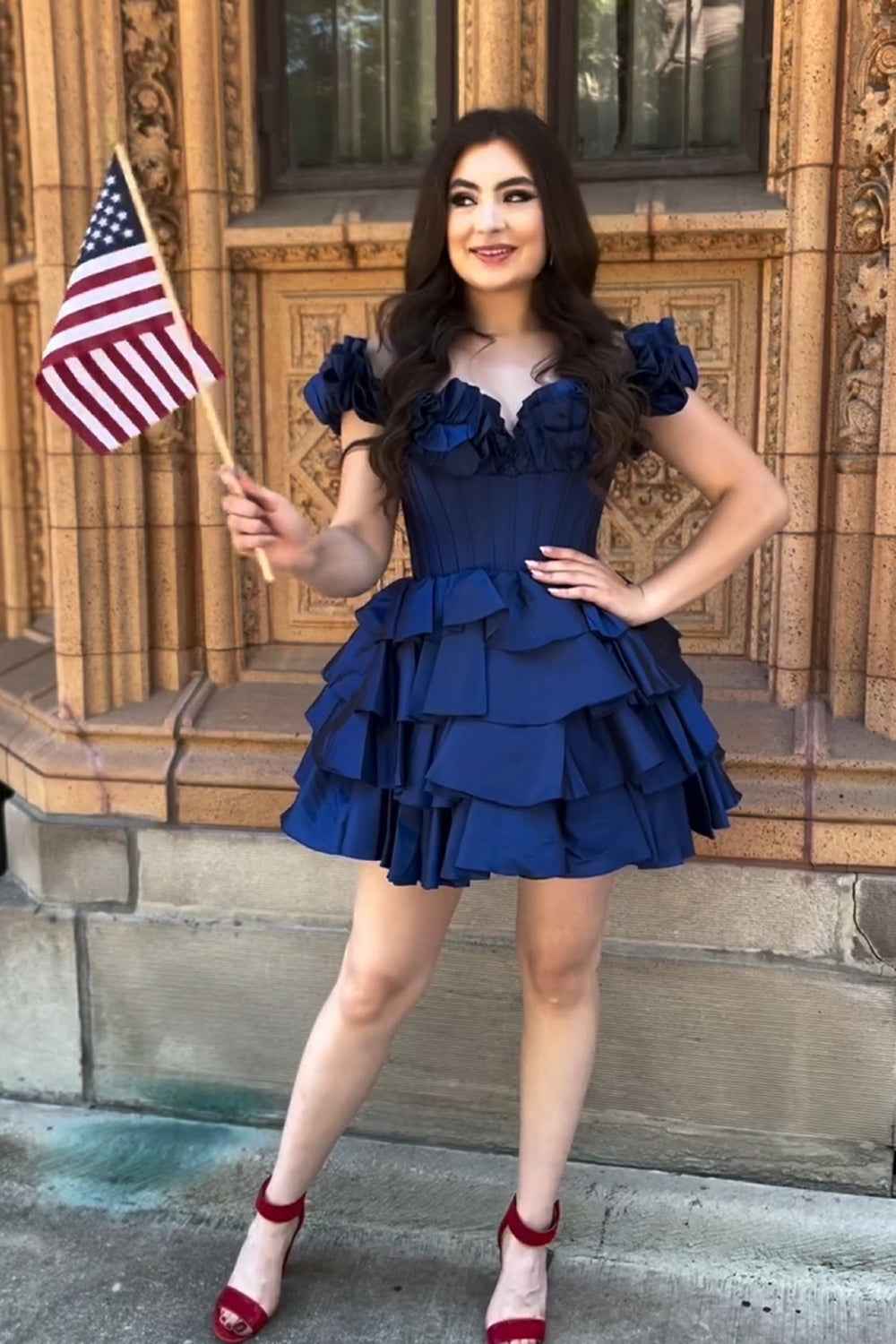 Blue Off The Shoulder Corset Short Homecoming Dress With Ruffles Bmbride