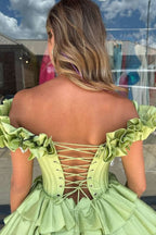 Blue Off The Shoulder Corset Short Homecoming Dress With Ruffles Bmbride