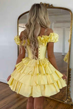 Blue Off The Shoulder Corset Short Homecoming Dress With Ruffles Bmbride