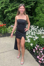 Glitter Fuchsia Beaded Strapless Bodycon Short Homecoming Dress With Bow Bmbride