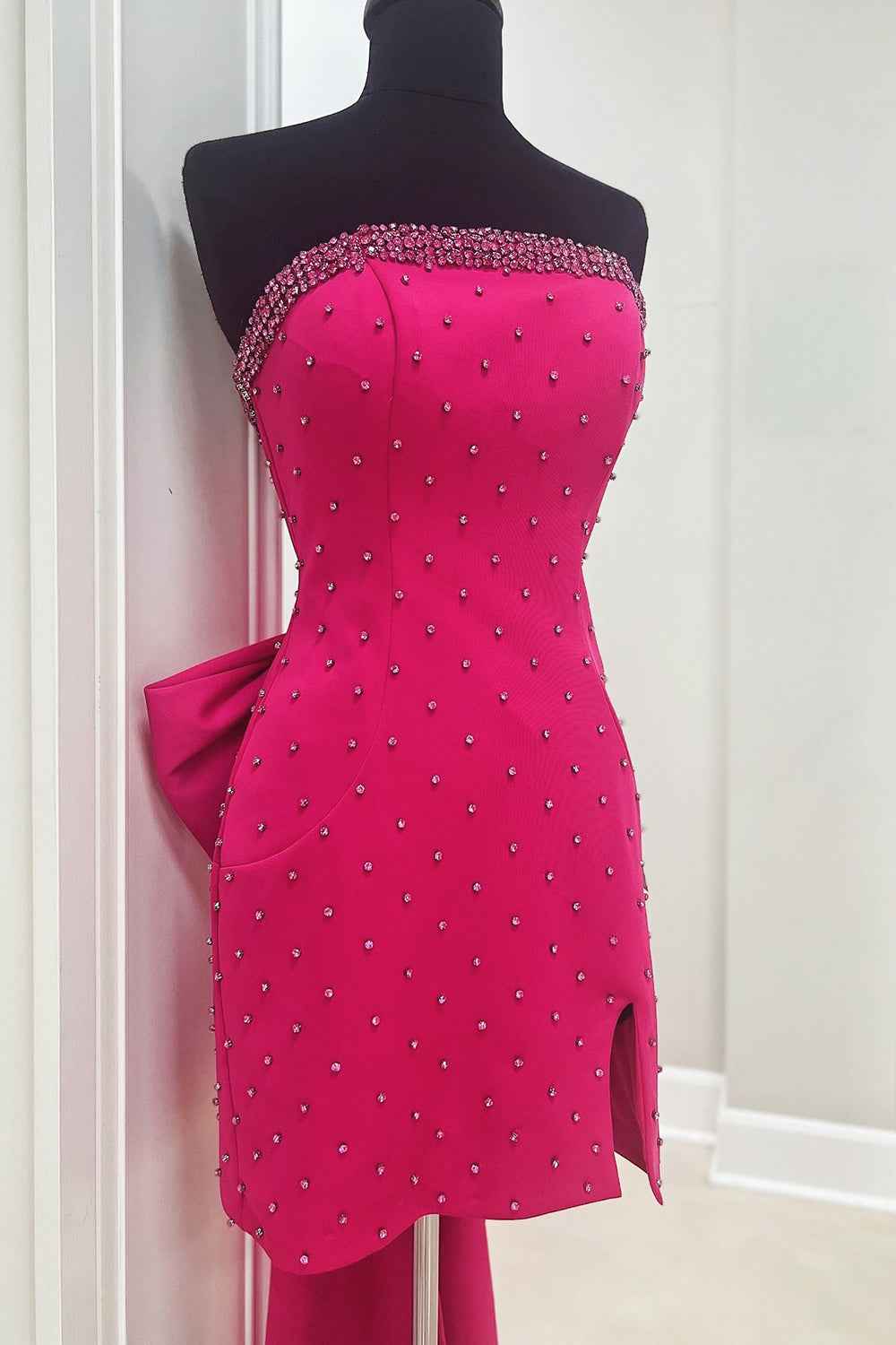 Glitter Fuchsia Beaded Strapless Bodycon Short Homecoming Dress With Bow Bmbride