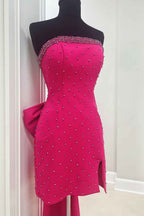 Glitter Fuchsia Beaded Strapless Bodycon Short Homecoming Dress With Bow Bmbride