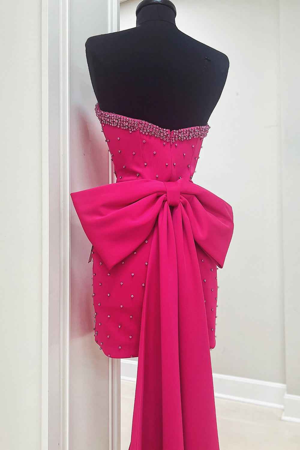 Glitter Fuchsia Beaded Strapless Bodycon Short Homecoming Dress With Bow Bmbride
