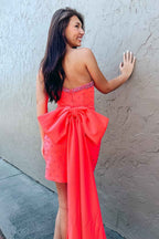 Glitter Fuchsia Beaded Strapless Bodycon Short Homecoming Dress With Bow Bmbride