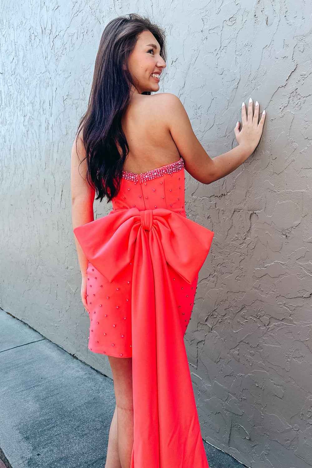 Glitter Fuchsia Beaded Strapless Bodycon Short Homecoming Dress With Bow Bmbride