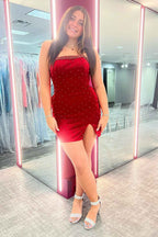 Glitter Fuchsia Beaded Strapless Bodycon Short Homecoming Dress With Bow Bmbride