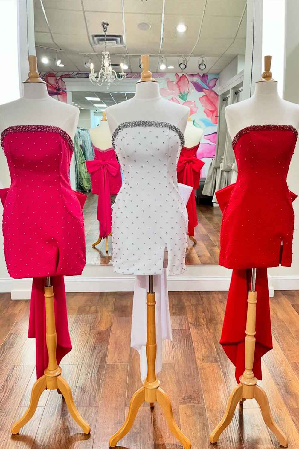 Glitter Fuchsia Beaded Strapless Bodycon Short Homecoming Dress With Bow Bmbride