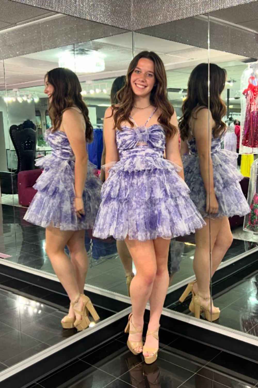 Blue Halter A Line Tiered Floral Printed Homecoming Dress