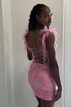Sparkly Blue Corset Sequins Tight Short Homecoming Dress With Feathers Bmbride