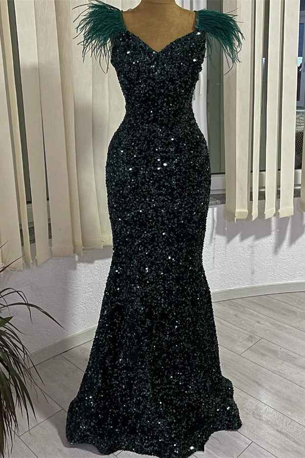 V Neck Sequins Sleeveless Mermaid Dark Green Long Prom Dress With Feather