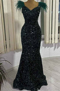 V Neck Sequins Sleeveless Mermaid Dark Green Long Prom Dress With Feather