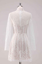 Elegant White Lace High Neck Corset Mini Homecoming Dress with Long Sleeves