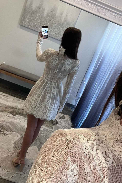 Elegant White Lace High Neck Corset Mini Homecoming Dress with Long Sleeves