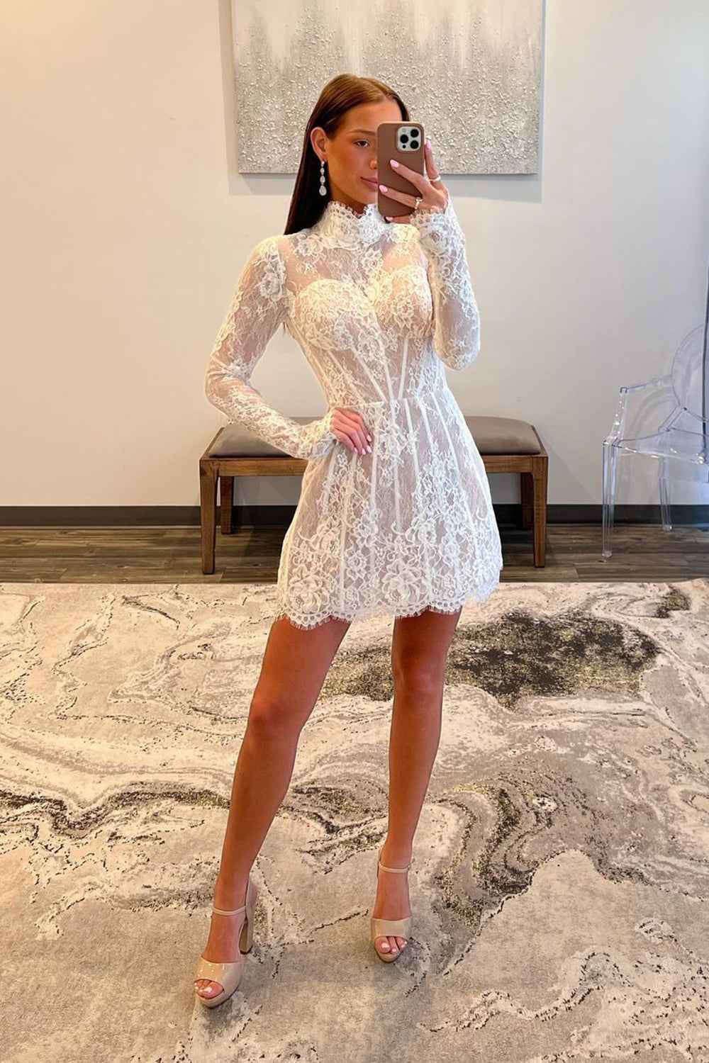 White Long Sleeves A Line Short Homecoming Dress With Lace Bmbride