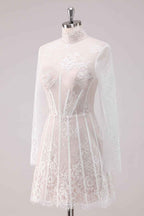Elegant White Lace High Neck Corset Mini Homecoming Dress with Long Sleeves