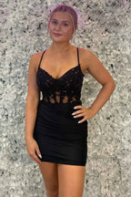 Sparkly Black Corset Tight Short Homecoming Dress With Appliques Bmbride