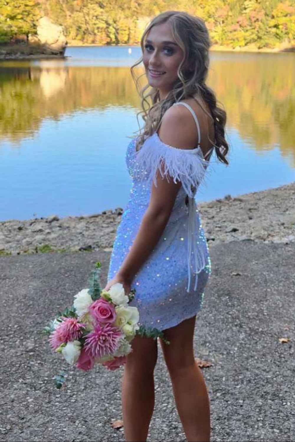 Sparkly Feathered Black Sequined Bodycon Homecoming Dress Bmbride