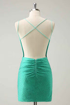 Sparkly Green Beaded Spaghetti Straps Tight Short Homecoming Dress Bmbride