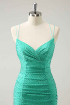 Sparkly Green Beaded Spaghetti Straps Tight Short Homecoming Dress Bmbride