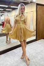 A Line Golden Criss Cross Halter Pleated Short Homecoming Dress