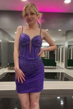 Dark Purple Sparkly Corset Tight Short Homecoming Dress With Beadings