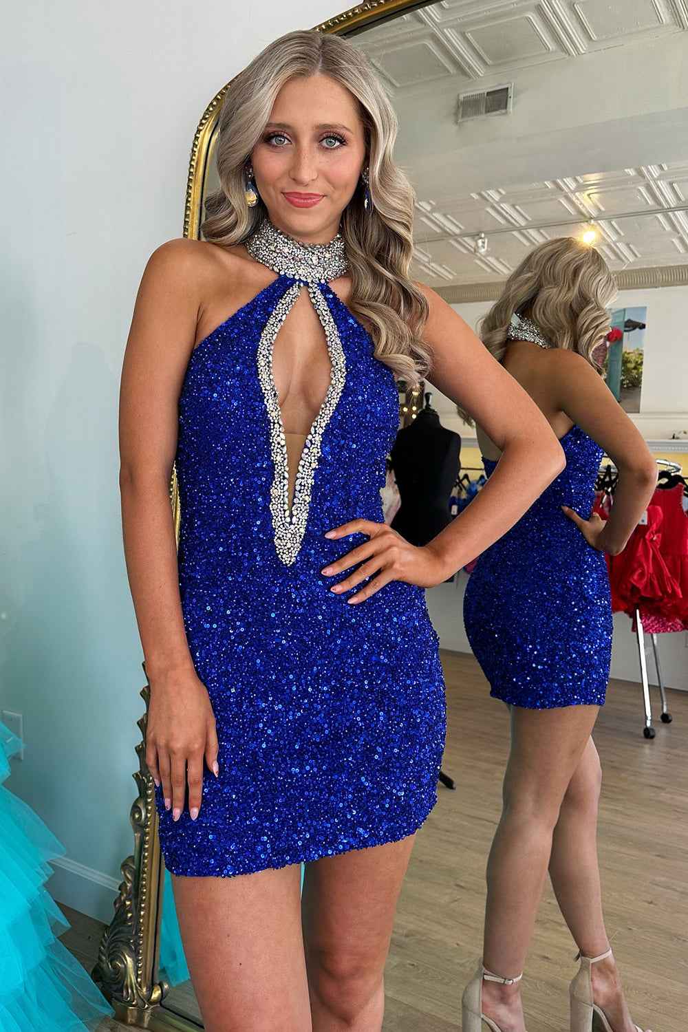 Royal Blue Halter Tight Short Homecoming Dress with Sequins