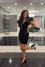 Black Mirror Tight Short Homecoming Dress With Puff Sleeves